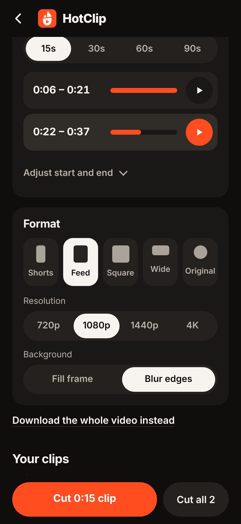 Format options: Shorts, Feed, Square, Wide and Original, resolutions from 720p to 4K, Fill frame or Blur edges