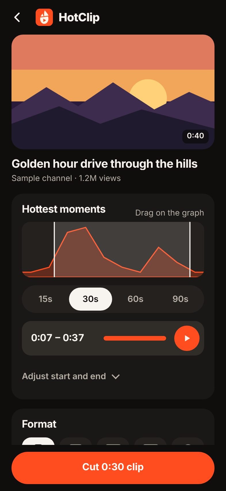 Clip screen with the Most replayed graph and the hottest 30 seconds selected