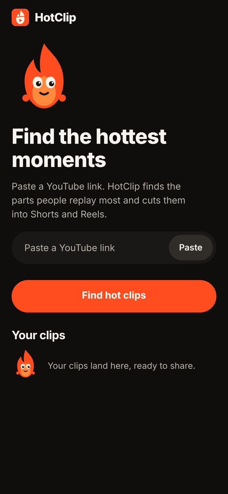 HotClip home screen: Find the hottest moments, a link field with Paste and the Find hot clips button