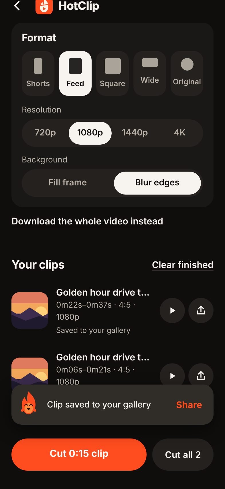 Your clips list with two finished clips, Play and Share buttons and the message Clip saved to your gallery